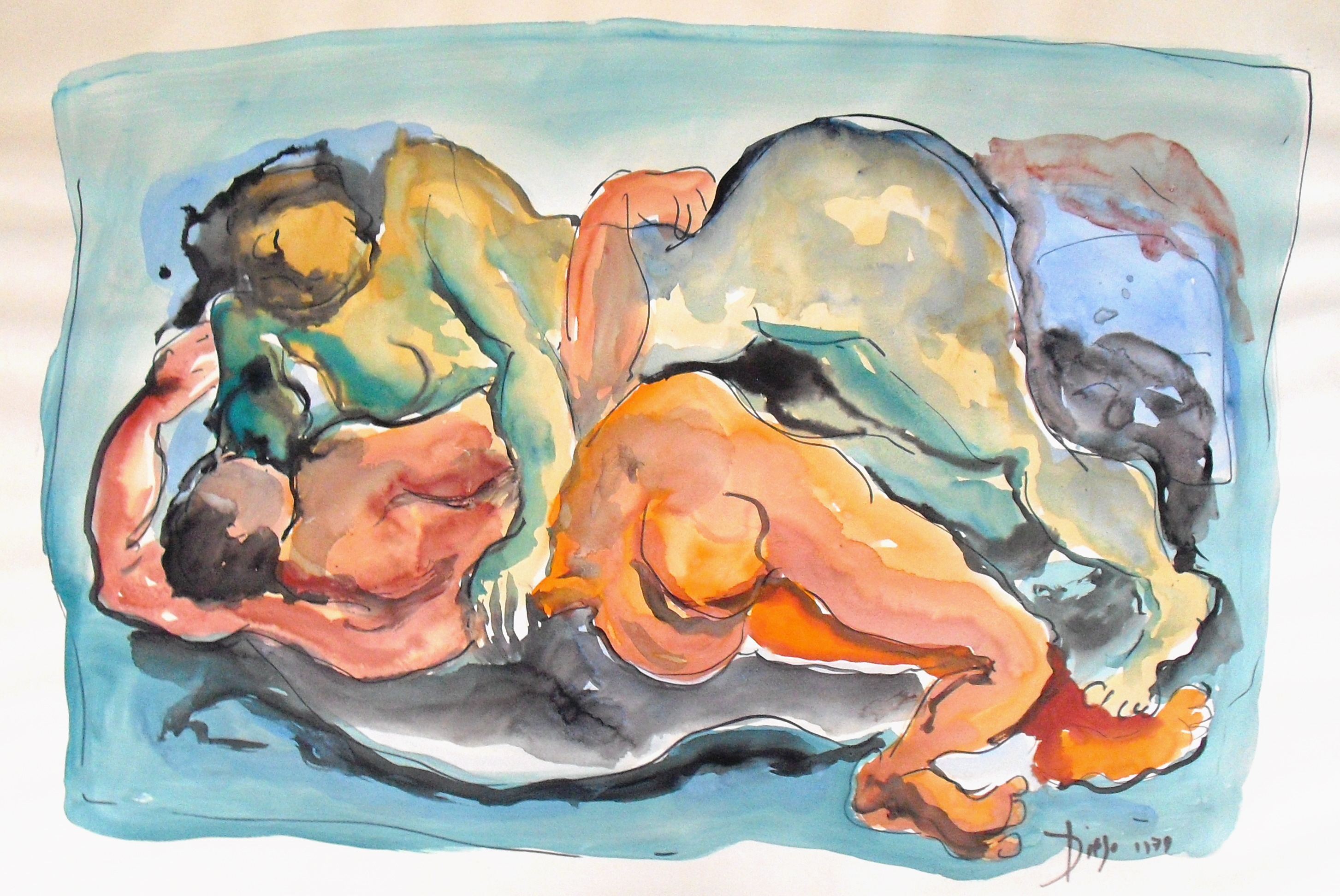 Embracing  24 x 34 Watercolor on Paper 1979 under glass